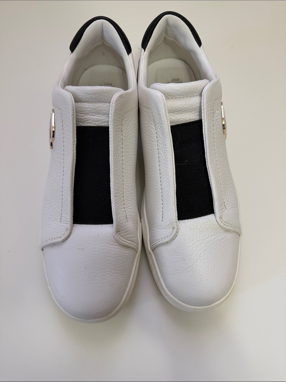 Karl Lagerfeld White Leather Slip-On Sneakers with Black Elastic